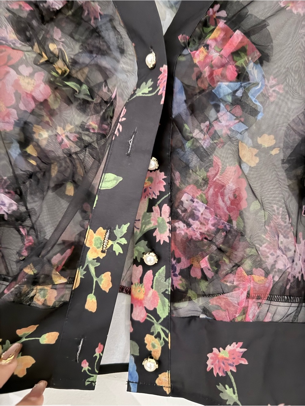 SHEIN Black Sheer Floral Ruffle Cropped Blouse with Pink and Blue Accents - Picture 2 of 5